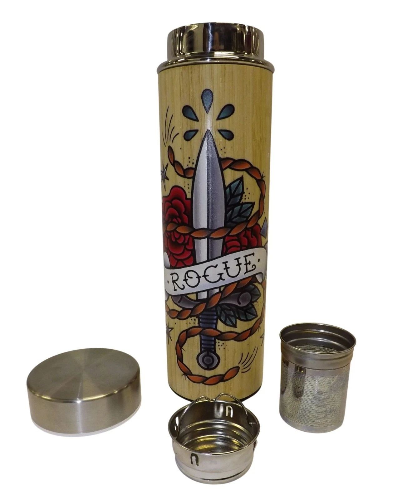 Travel Mug W Tea Infuser & Lid Tattoo Design Stainless Steel Dagger Rogue Bamboo
Opens in a new wind