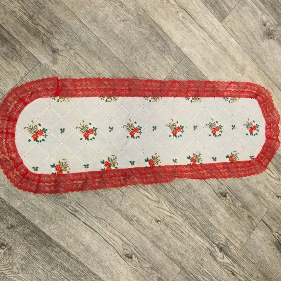 Vintage Christmas Lace Table runner Poinsettia Gold bows Handmade table decor - Image 3 of 4