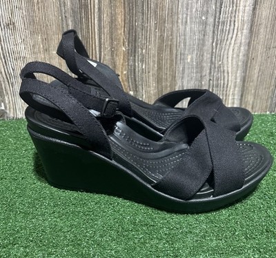 Crocs Leigh II Cross Strap Ankle Wedge Dual comfort Sandals Black Womens Size 8