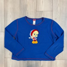 Vintage 2002 Looney Tunes Tweety Bird Blue Fleece Pajama Top Long Sleeve Medium