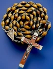 Vintage Catholic Coffee Milk Glass Rosary, Cocoa Wood Crucifix France