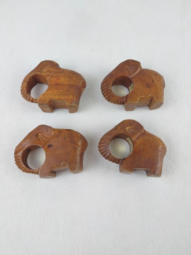 Hand Carved Wooden Elephant Napkin Rings Set Of 4 Philippines Vintage - Picture 2 of 6