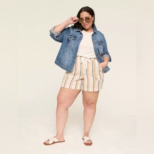 NEW Lane Bryant 22/24 Coral Stripe Linen Blend Mid-Rise Linen Pull-On Shorts