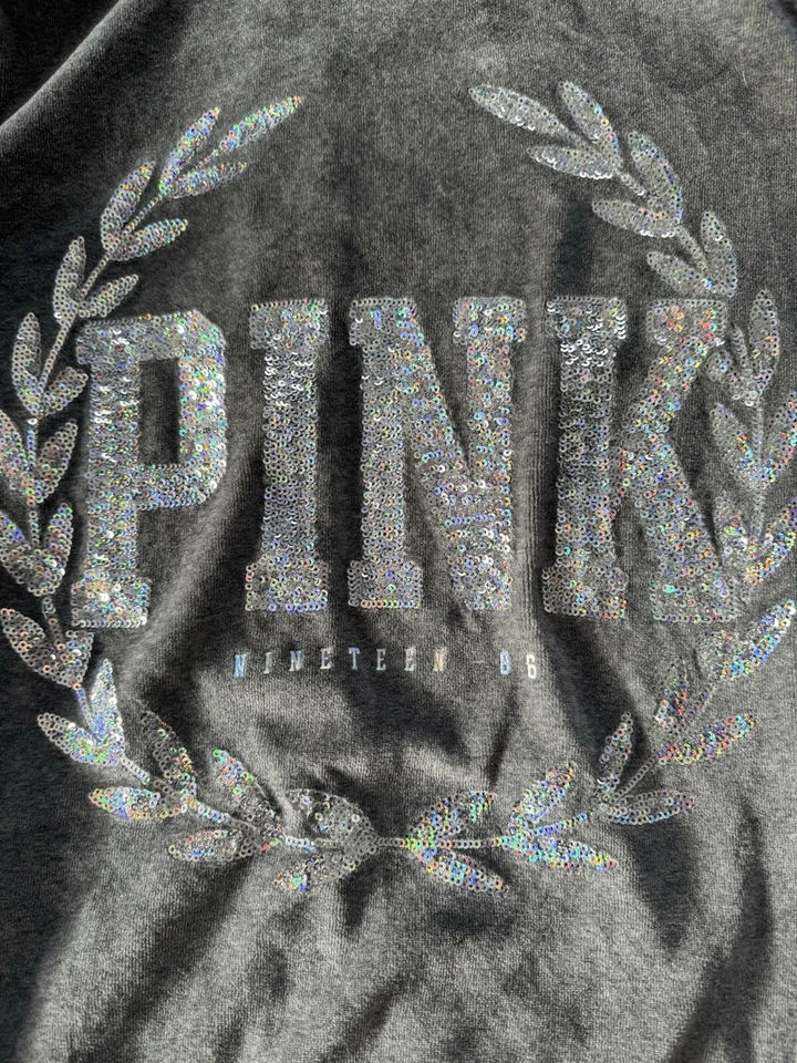 Sudadera con Capucha Cremallera Completa Vintage Victorias Secret Terciopelo Gris Lentejuelas Mediana Foto 2 de 4