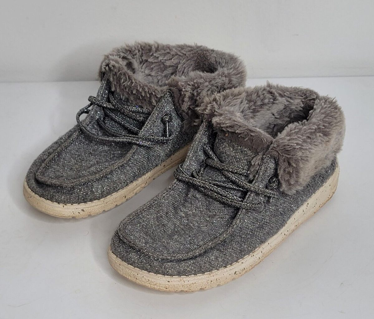 Grey Hey Dudes Womens Fuzzy Grey Hey Dude Fluffy Shoes Hey Dude