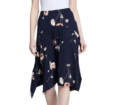 NWOT VINCE Tossed Poppy Pleated Midi Skirt in Marine Navy Blue Floral Size  XS