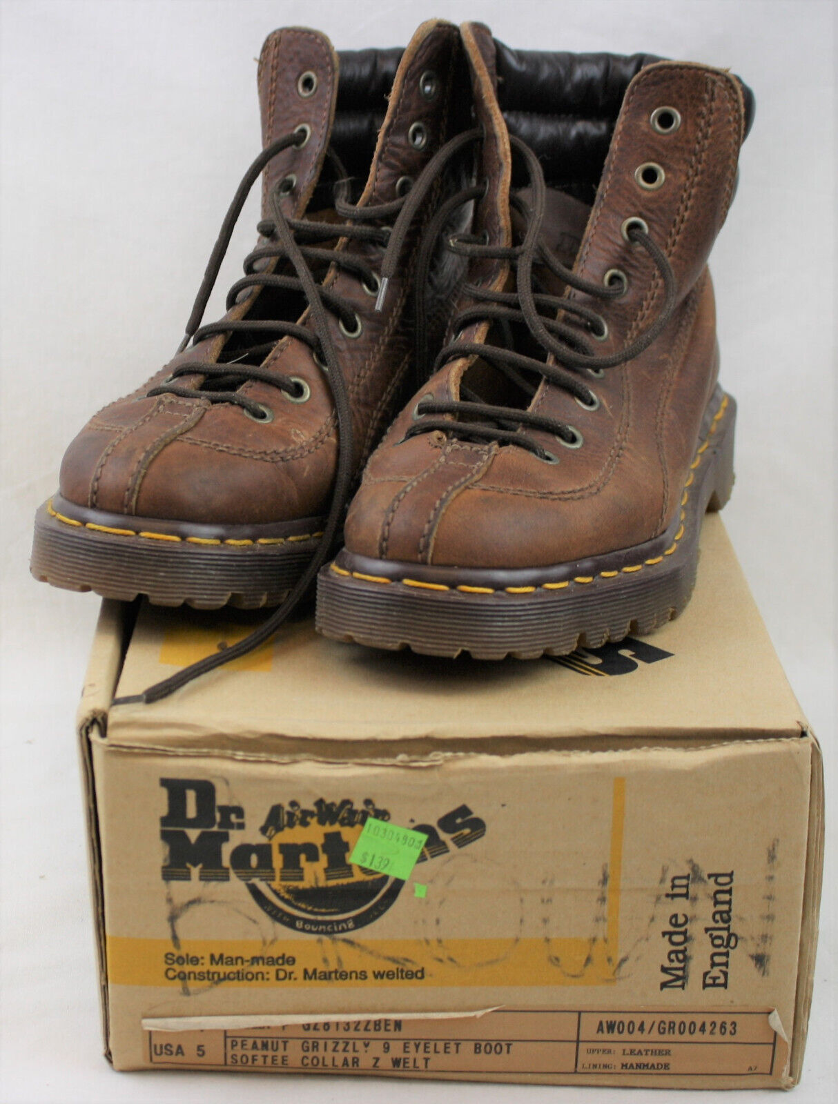 Dr Martens ~ Womens Size 5 Peanut Grizzly 9 Eyelet Boot Softee Collar  VINTAGE 95