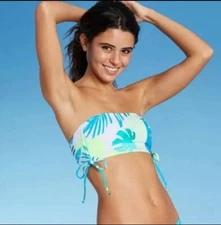 Xhilaration Juniors Bikini Top Longline Side Cinch Bandeau Leaf Print Medium New