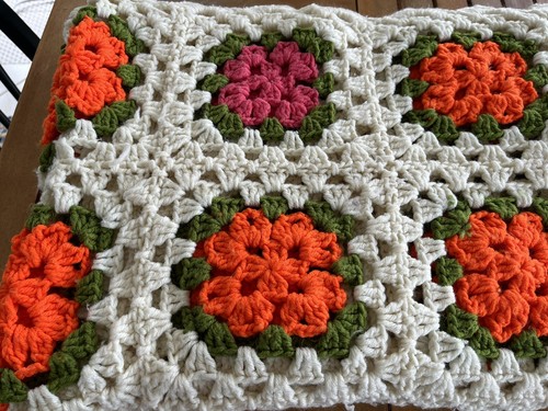 Granny Square Afghan Throw Blanket Cream Green Orange Pink 62”x74” Handmade Vtg - Picture 2 of 4