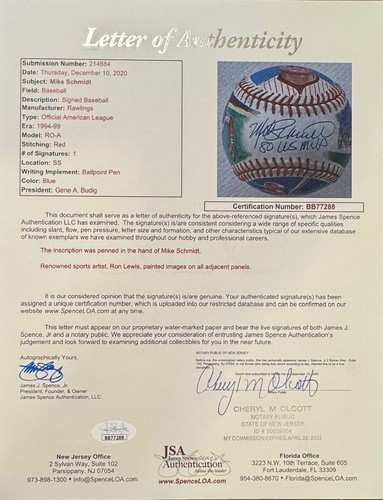 MIKE SCHMIDT SIGNED OFFICIAL AL BASEBALL 4 ORIGINAL RON LEWIS PAINTINGS JSA - Picture 8 of 9