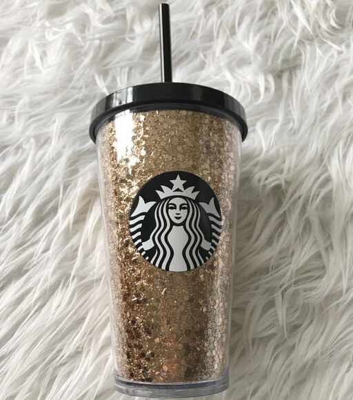 New Starbucks Black Rose Gold Bling Glitter Cold Cup 16oz Acrylic Tumbler  Grande