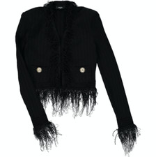 Balmain Fringed Cropped Knitted Jacket In Black - Uk 6 -