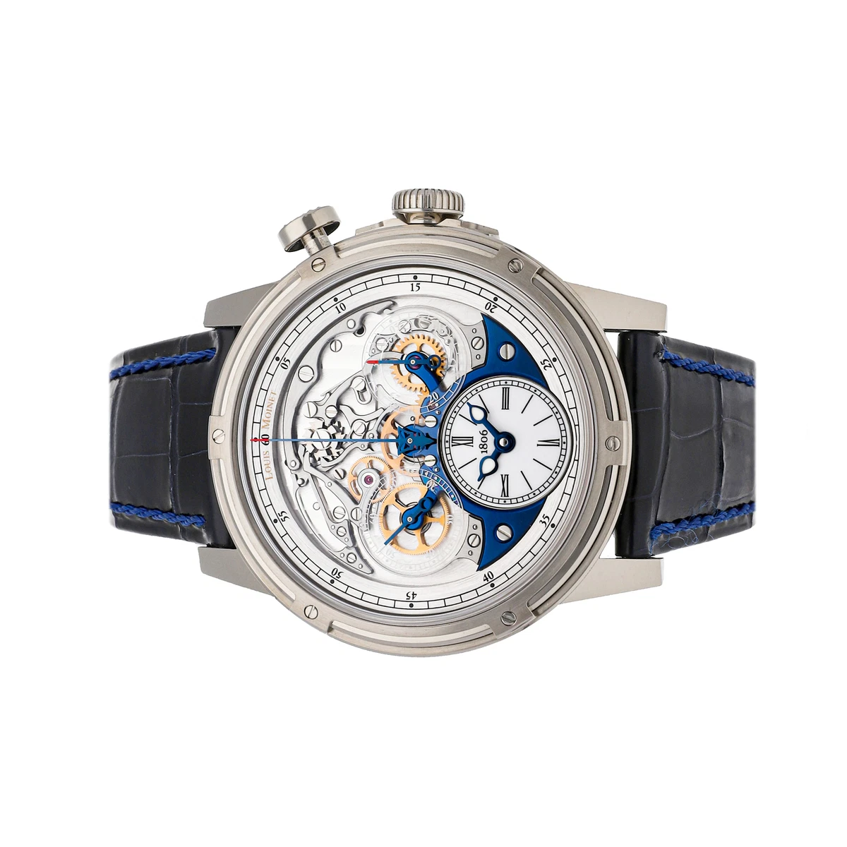 Louis Moinet Memoris Deep Blue Auto White Gold Mens Strap Watch LM 54.70.21