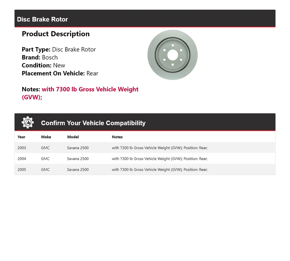 Rotor de freno de disco trasero 2004 para GMC Savana 2500 Bosch QuietCast 2003-2005 Foto 2 de 4