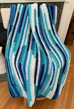 Handmade Crochet Stripe Blanket Afghan Throw Blue Multicolor Acrylic 45" x 48"