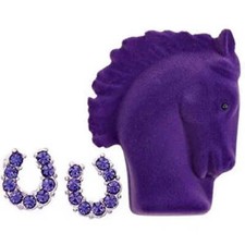 New HORSESHOE EARRINGS w/ Velour horse head gift box Purple stones