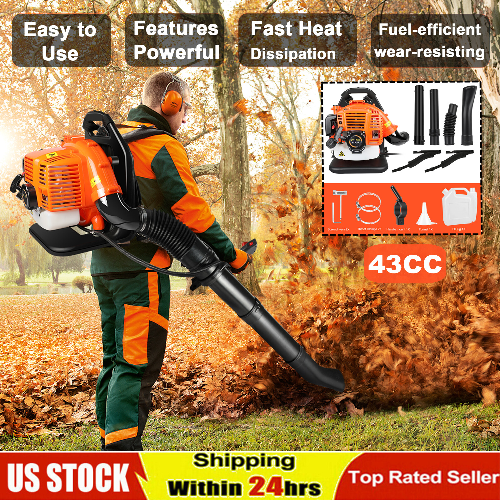 43CC Gas Powered Backpack Leaf Blower 665CFM 270MPH 2-Stroke 3HP for US-image
