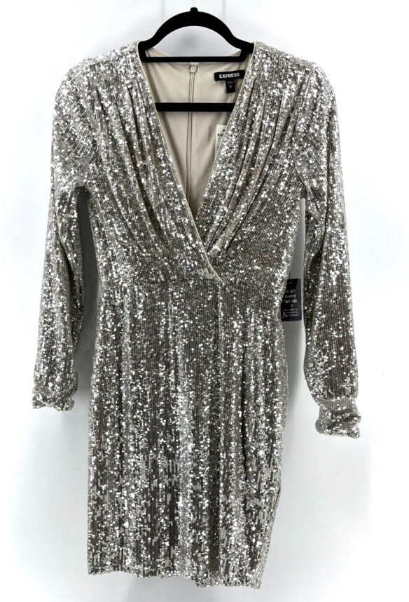 NWT Express Women's Long Sleeve Silver Sequin V Neck Cocktail Party Dress  Xl New
