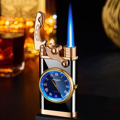 VINTAGE RETRO STYLE Luxury Golden Liquid Gas Lighter with Roman Numeral Clock
