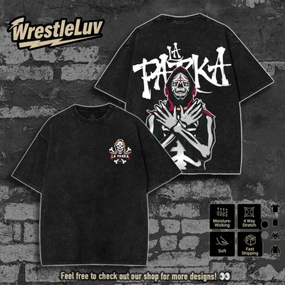 LA PARKA Skeleton King Lucha Libre Graphic Tee Washed Black Gothic Font Vintage