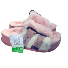 KUAILU Women's Pink Open Toe Platform Faux Fur Slide Slippers Comfort 8