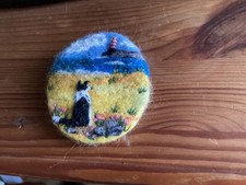 NEEDLE FELT BROOCH SUMMER HOLIDAY SHEEPDOG  LOOKING AT LIGHTHOUSE