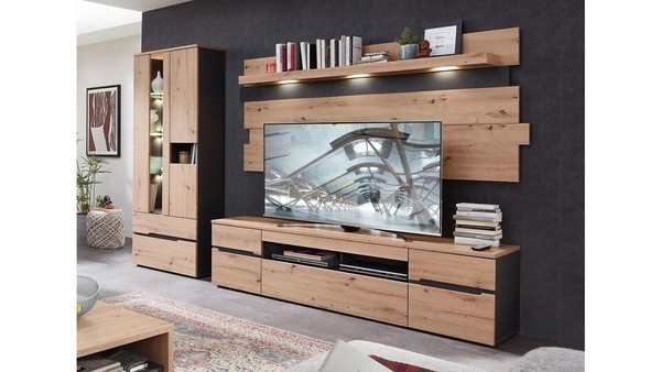 Wohnwand Anbauwand Schrankwand Memphis Mdf Artisan Eiche Und Graphit Inkl. Led-image