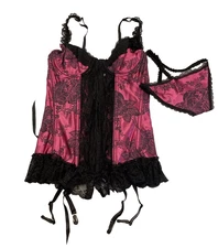 Shirley of Hollywood Pink Black Satin & Lace Corset Thong Set Size 32 NEW w Tag