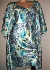 Vtg Blue Floral Satin Babydoll Nightgown Robe M L