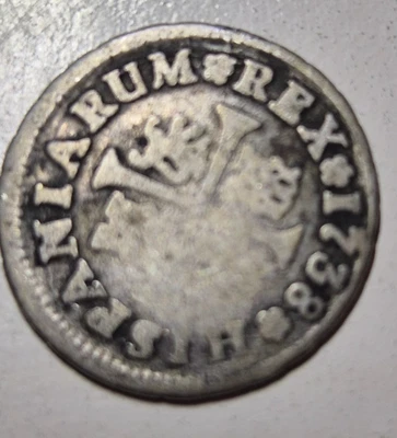 Pièce Espagne 1738 Philippe V – argent – 1/2 Real – monnaie coloniale - Photo 1/3