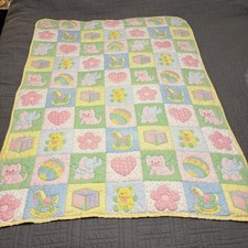 VTG Baby Quilt Patchwork Rocking Horse Teddy Bears Elephant Dog Crib Blanket