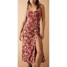 Urban Outfitters Burgundy Toile Floral Midi Slip Dress Side Slit Womens Smal