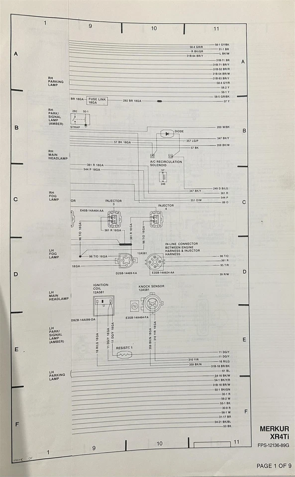Schema Elettrico Originale Del Wiring Diagram Del 1989 Mercury Merkur XR4Ti - Immagine 2 di 3