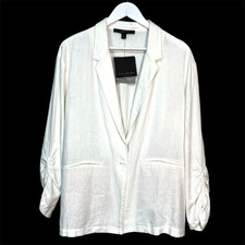 MARC NEW YORK White Linen Blend Blazer Jacket Women M Long Ruched Sleeves Button