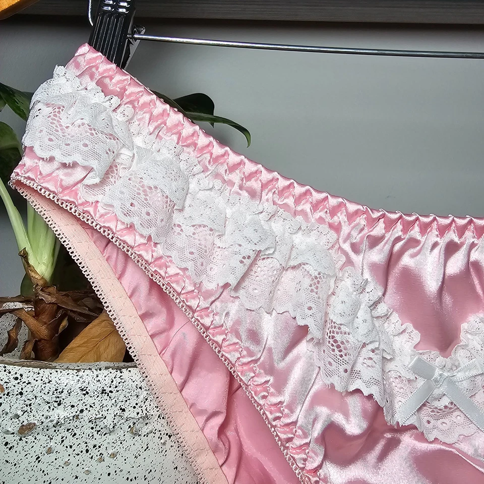 Shiny Pink Satin Panty Sissy White Nylon Lace Bikini Brief Size 9-10 Hip 45-48" - Image 2 of 4
