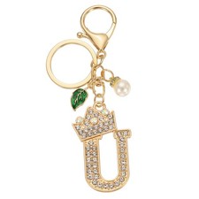 Bling Crown Initial Letter Keychain for Women Letter A-Z Key Chain Gold-U