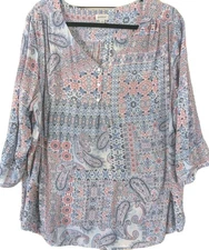 Women's Avenue Size 22/24 Pink & Blue Floral Print Boho Peasant Shirt 3/4 Sleeve