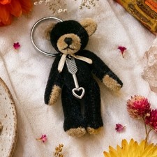 Plush Bear Keychain Black Beige Heart Charm Ribbon Modern Animal Era