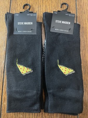 Steve Madden Men s Crew Socks 6-12.5.   2 Pair . Black With Pizza. New!!