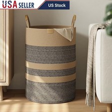 Cotton Laundry Hamper Large Capacity Durable Woven Basket W/ Leather Handles New