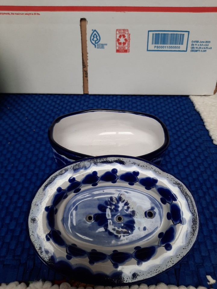 Talavera Soap Dish, Mexico Pottery 2 Pc Removable Drain Top. blues and