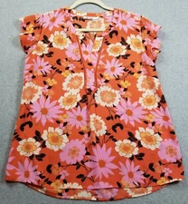 DR2 Top Women’s Small Floral Short Cap Sleeve Spring Summer Blouse See Through