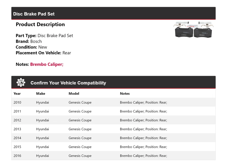 Pastillas de freno traseras de cerámica para Hyundai Genesis 2010-2016 cupé Bosch QuietCast 2011 Foto 2 de 4