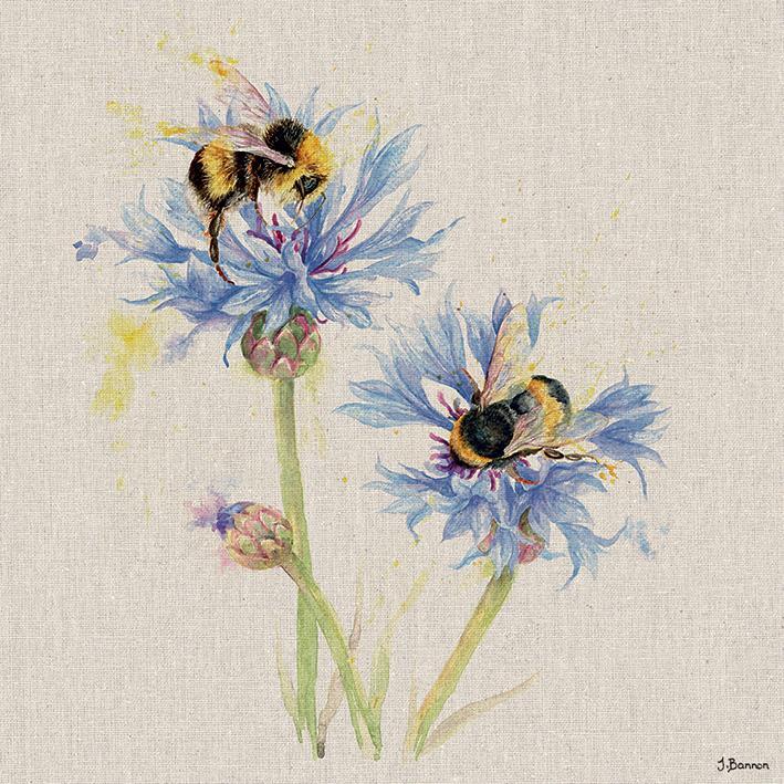 Jane Bannon: Bees On Cornflowers (Stampa Su Tela 30X30 Cm) -