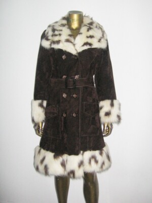 Vintage Faux Fur Trim Belted Brown Velvet Double Breasted Trench