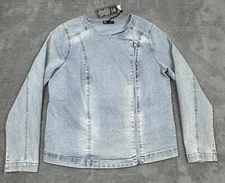 Diane Gilman Jacket Womens Large Blue Denim Asymmetrical Zippers Pockets DG2 NEW