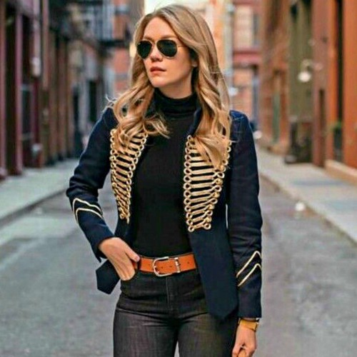 A325 ZARA NAVY BLUE MILITARY BLAZER GOLD EMBROIDERY BUTTONS JACKET COAT - S - Picture 4 of 15
