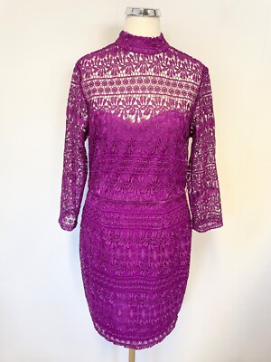 paper dolls cap sleeve lace pencil dress in purple PAPER DOLLS MAGENTA FLORAL LACE HIGH NECK 3/4 SLEEVED PENCIL DRESS SIZE 10
