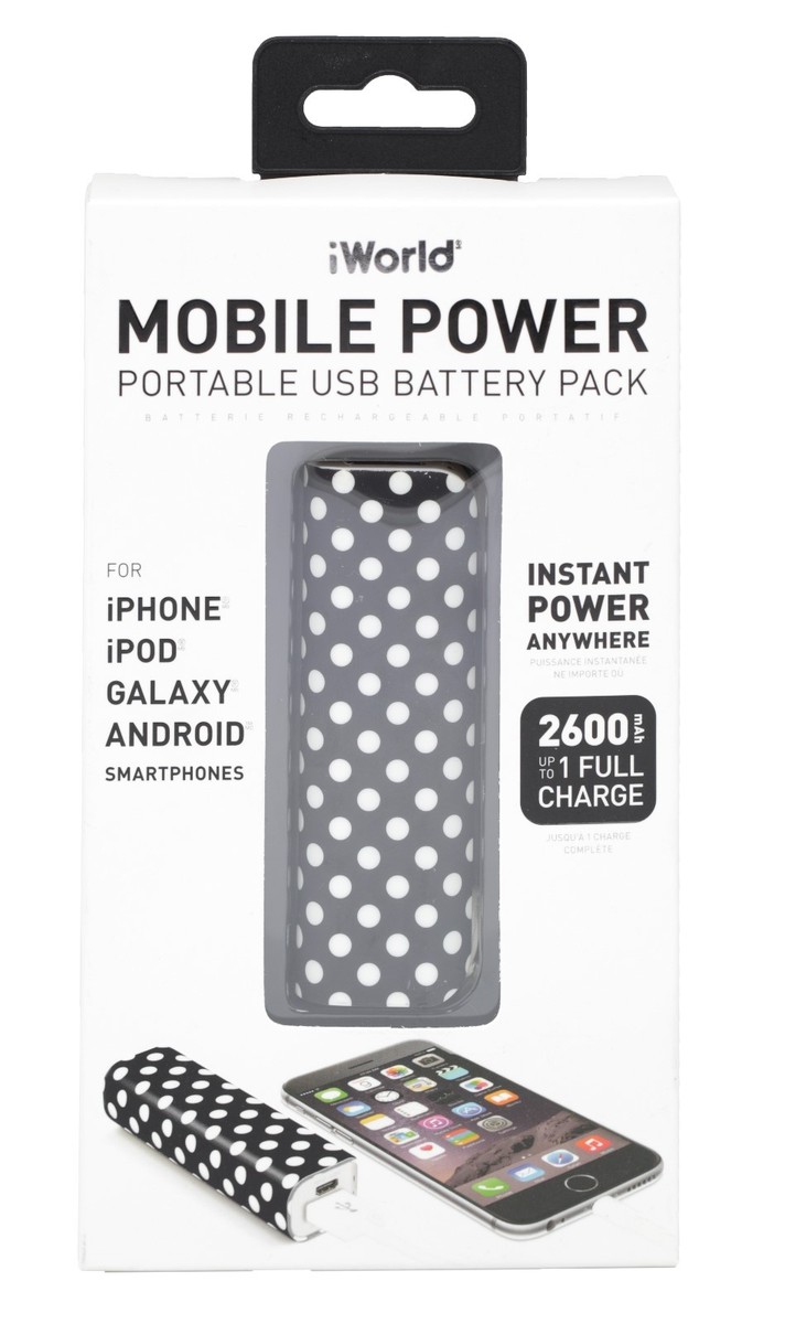 iWorld Mobile Power Portable USB Battery Pack 2600 Polka Dot Phone