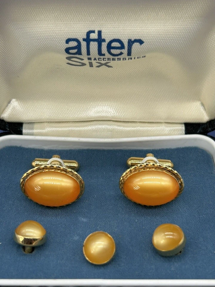 After Six Cufflinks & Tie Pin Set Orange Oval/Round Stone Gold Toned Vintage - Image 2 of 4